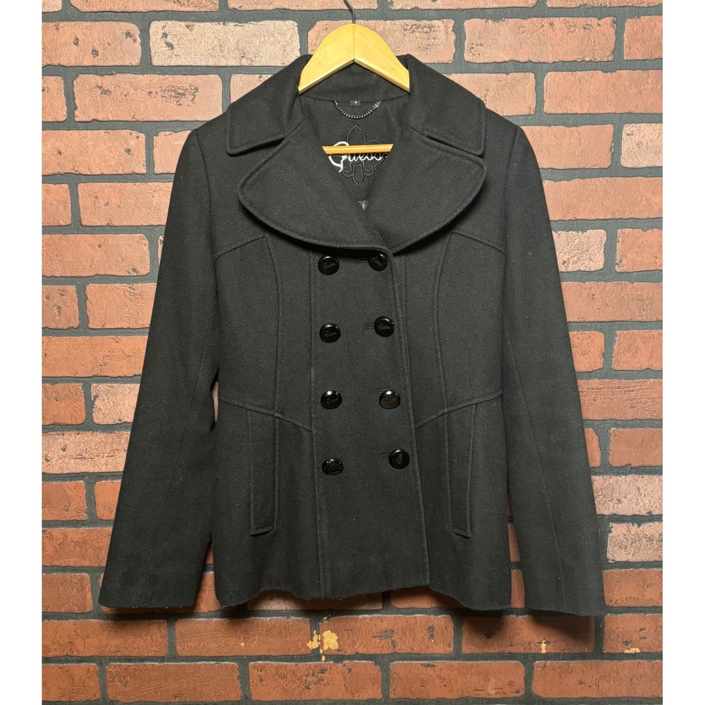 Guess Wool Blend Double Breasted Pea Coat‎ Button Black Jacket Womens Small Y2K